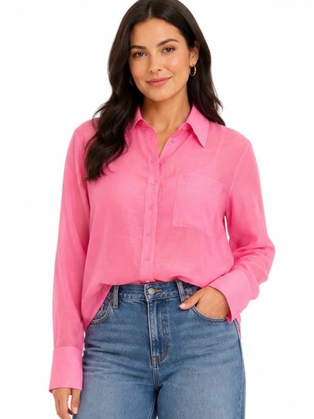 Blanca Semi Sheer Pink Button Up Top Oversized XS S Preppy Career Designer